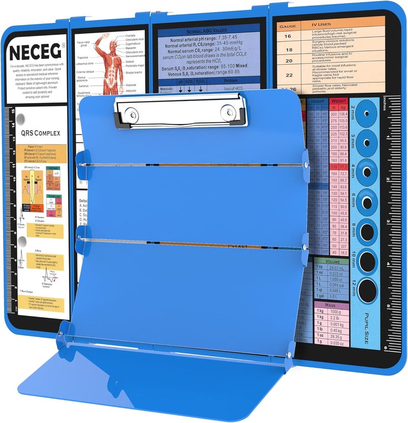NECEG Nursing Clipboard Foldable-4 Layers Aluminum Nurse Foldable Clipboard Nursing Medical Edition Cheat Sheets, Pocket Size Pen Clip for Nurses Students School and Doctors- Blue - Image 1